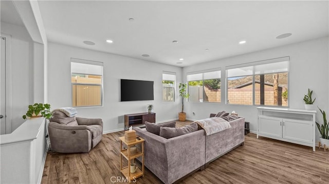 living room featuring baseboards, light wood finished floors, and recessed lighting