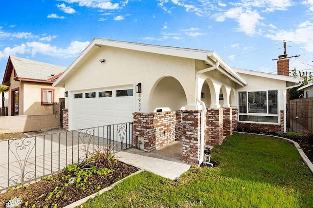 ranch-style house with concrete driveway, a fenced front yard, a chimney, an attached garage, and stucco siding