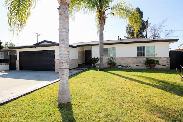 view of front facade with driveway, stone siding, an attached garage, a front lawn, and stucco siding