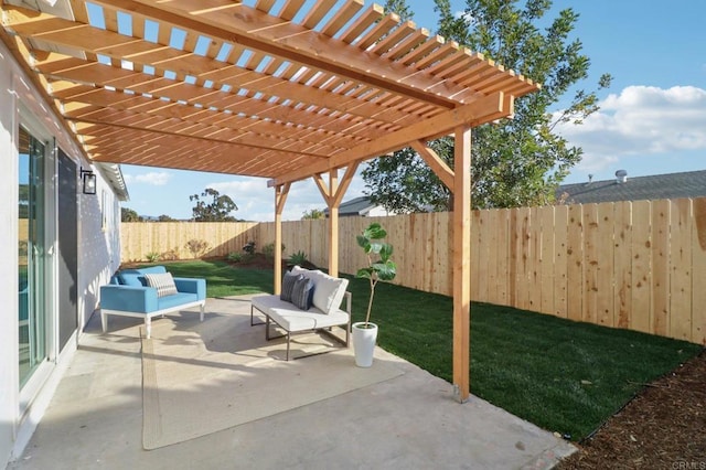 view of patio with a pergola and outdoor lounge area