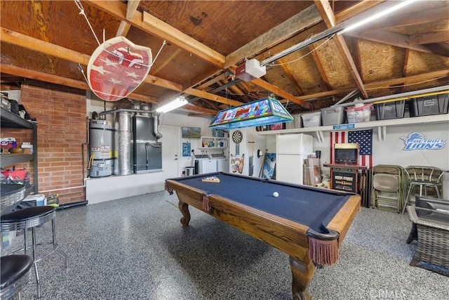 recreation room with billiards, water heater, heating unit, and separate washer and dryer