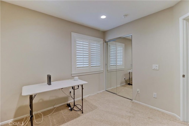 office area with carpet floors, baseboards, and recessed lighting