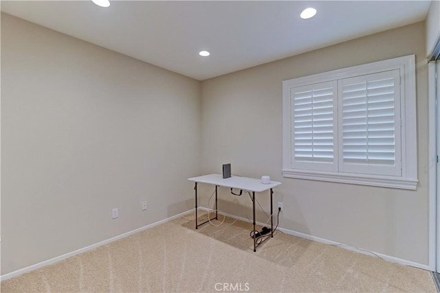 office area with light carpet, baseboards, and recessed lighting