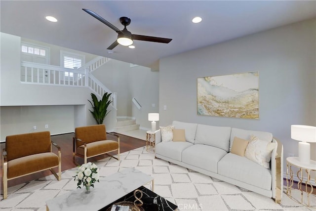 15 Embassy Pl, Lake Forest, CA 92610 - living room with stairway, ceiling fan, wood finished floors, and recessed lighting