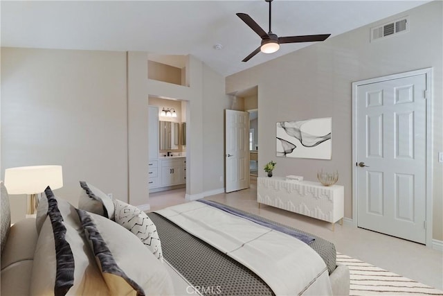 15 Embassy Pl, Lake Forest, CA 92610 - bedroom featuring connected bathroom, high vaulted ceiling, and ceiling fan