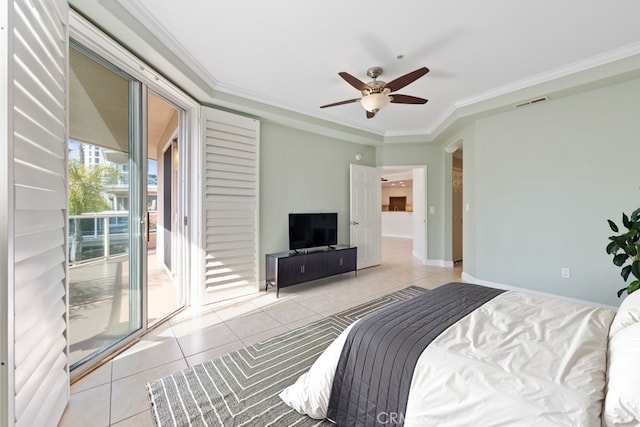 bedroom with light tile patterned flooring, visible vents, a ceiling fan, access to outside, and ornamental molding