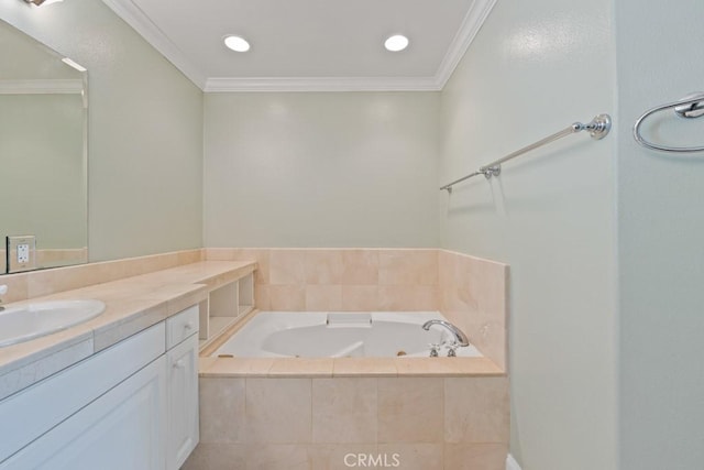 full bath with a bath, ornamental molding, vanity, and recessed lighting