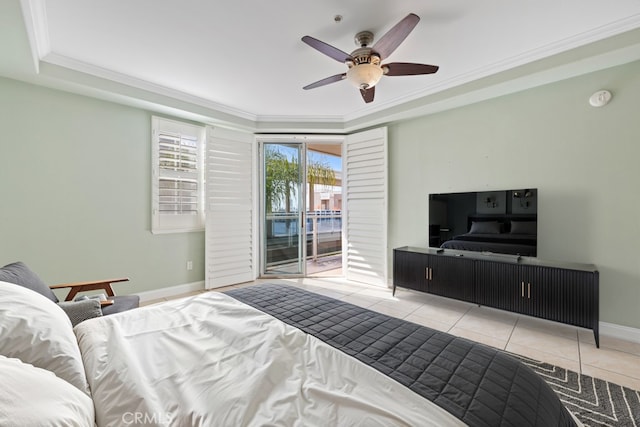 bedroom featuring light tile patterned floors, a ceiling fan, baseboards, access to outside, and ornamental molding