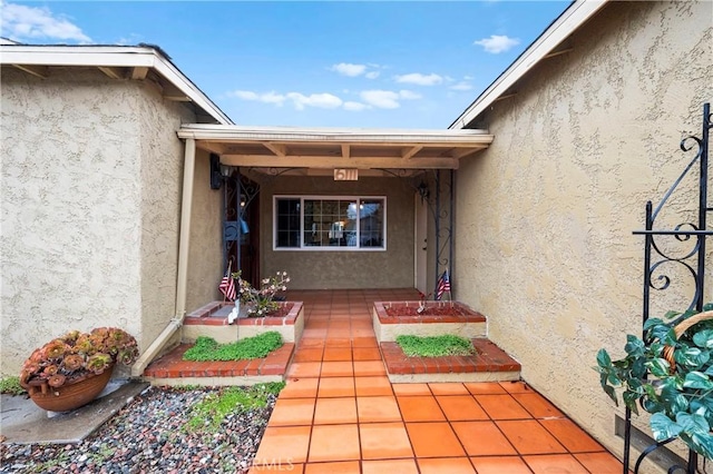 doorway to property featuring stucco siding