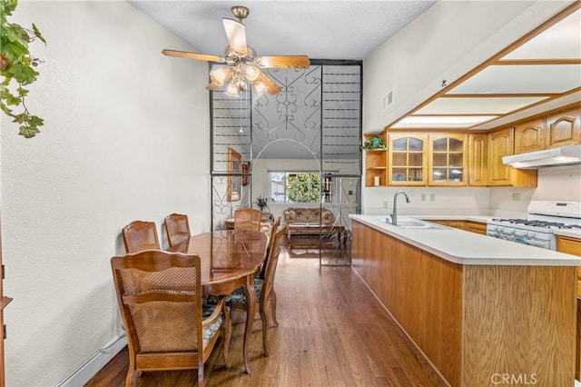 kitchen featuring under cabinet range hood, a sink, visible vents, light countertops, and gas range gas stove