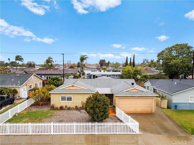 single story home with a fenced front yard, a garage, concrete driveway, a residential view, and stucco siding