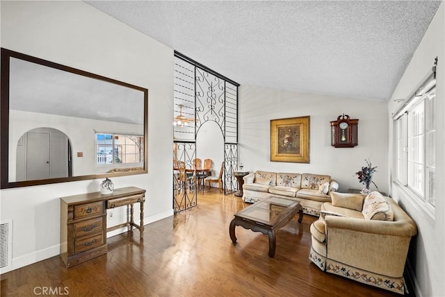 living room with vaulted ceiling, a textured ceiling, wood finished floors, and a healthy amount of sunlight