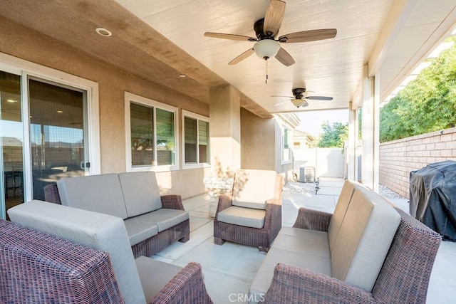 view of patio / terrace featuring central air condition unit, an outdoor hangout area, ceiling fan, and grilling area