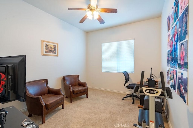 office area with light colored carpet and ceiling fan