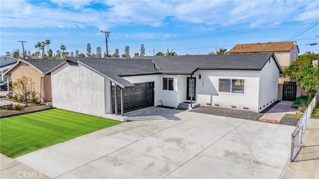 single story home with a shingled roof, an attached garage, crawl space, driveway, and a front lawn