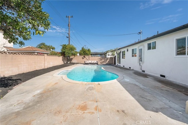 view of pool featuring a fenced in pool, a patio area, and a fenced backyard