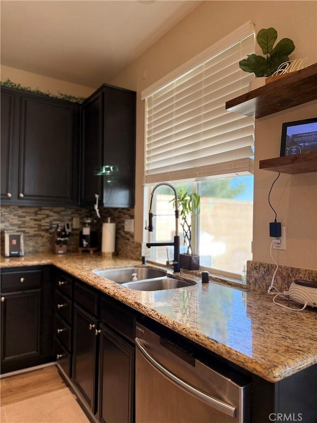 kitchen featuring a sink, light stone counters, decorative backsplash, and stainless steel dishwasher