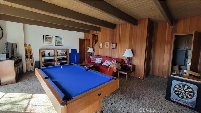 1239 Yosemite Dr, Lake Arrowhead, CA 92352 - recreation room with carpet floors, wood ceiling with exposed beams, billiards table, and wood walls