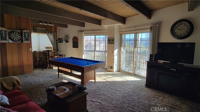 1239 Yosemite Dr, Lake Arrowhead, CA 92352 - rec room with carpet, billiards table, wood walls, and wood ceiling with exposed beams