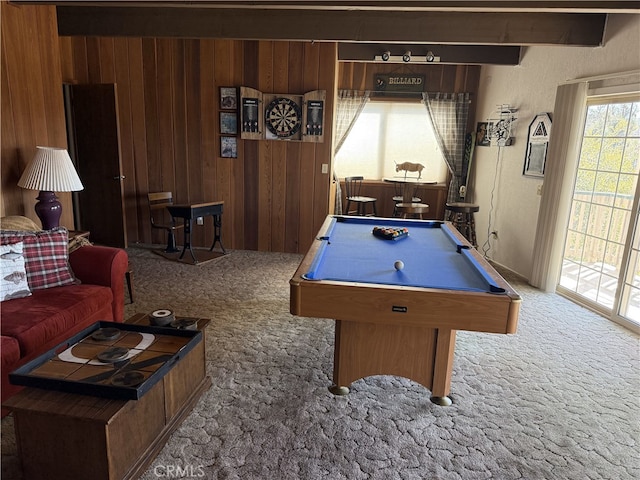 1239 Yosemite Dr, Lake Arrowhead, CA 92352 - game room with carpet, billiards table, and wooden walls