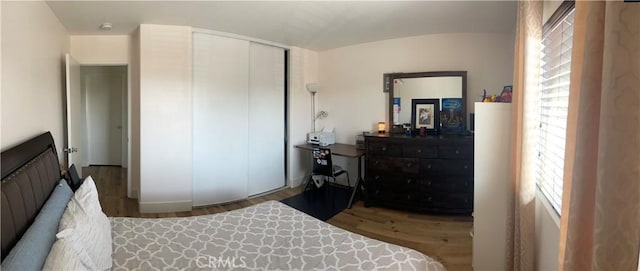 bedroom with a closet and hardwood / wood-style floors