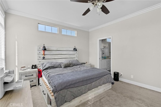 bedroom featuring ornamental molding, multiple windows, and light colored carpet