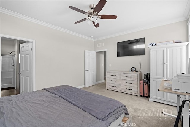 bedroom with ceiling fan, crown molding, and light colored carpet