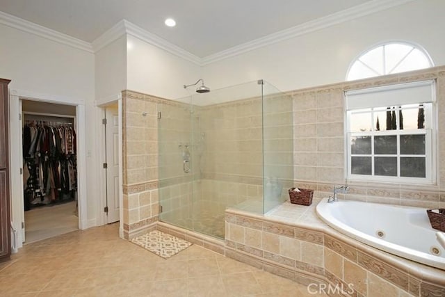 bathroom with separate shower and tub, crown molding, and tile patterned flooring