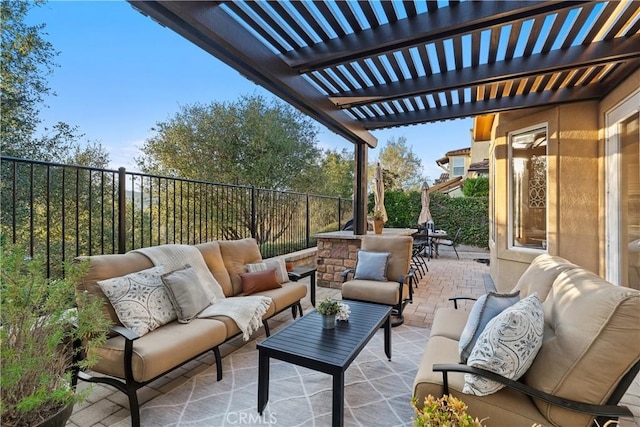 view of patio with a fenced backyard, outdoor lounge area, and a pergola