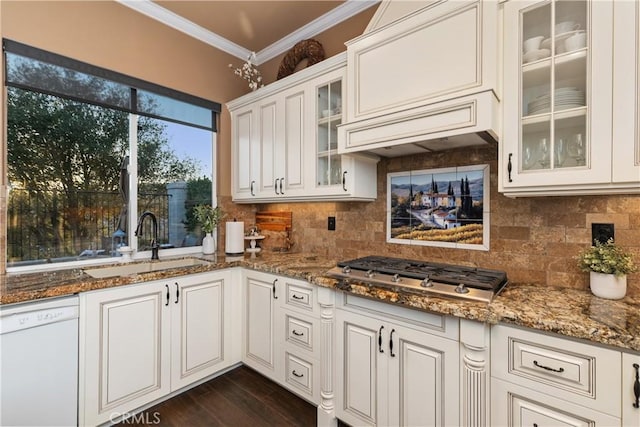 kitchen featuring a sink, ornamental molding, decorative backsplash, dishwasher, and stainless steel gas stovetop