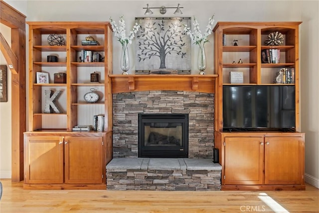 living area featuring a fireplace and light wood-style flooring