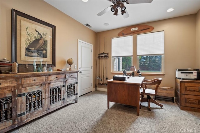 office with ceiling fan, recessed lighting, light carpet, visible vents, and baseboards