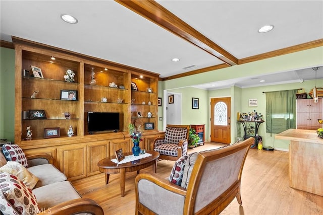 living room with beam ceiling, crown molding, light wood finished floors, recessed lighting, and visible vents