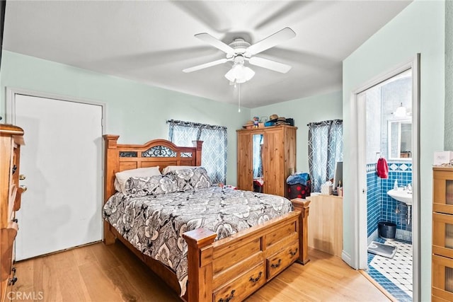 12626 Cometa Ave, San Fernando, CA 91340 - bedroom featuring light wood-type flooring, a ceiling fan, and ensuite bathroom