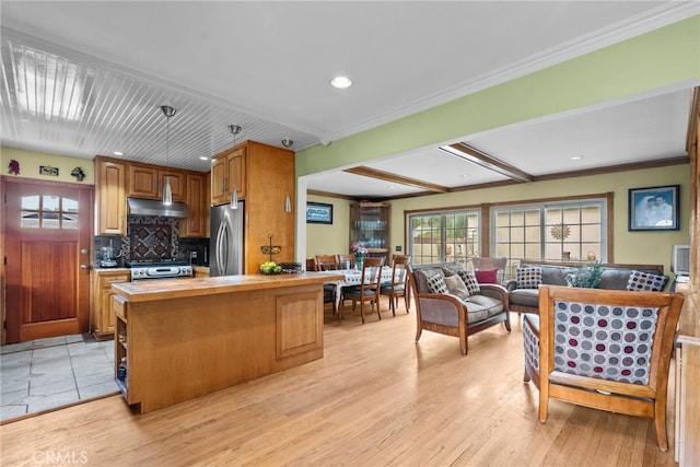 kitchen featuring crown molding, tasteful backsplash, appliances with stainless steel finishes, light wood-type flooring, and under cabinet range hood