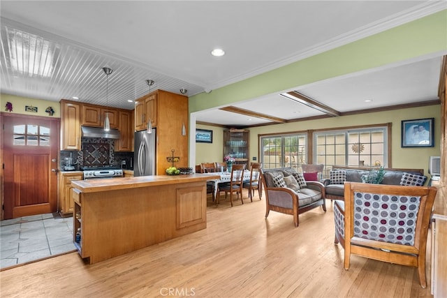 12626 Cometa Ave, San Fernando, CA 91340 - kitchen featuring stainless steel appliances, butcher block counters, decorative backsplash, exhaust hood, and light wood-style floors