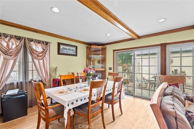 12626 Cometa Ave, San Fernando, CA 91340 - dining room with ornamental molding, light wood finished floors, beam ceiling, and recessed lighting