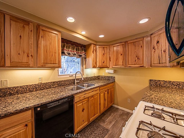 kitchen featuring dishwasher, dark stone counters, dark hardwood / wood-style floors, and sink