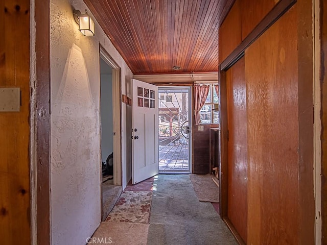 corridor with wood ceiling