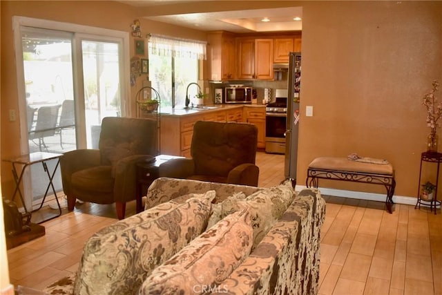 1041 E Riverside Dr, Ontario, CA 91761 - kitchen with baseboards, light wood-style flooring, stainless steel appliances, light countertops, and a sink