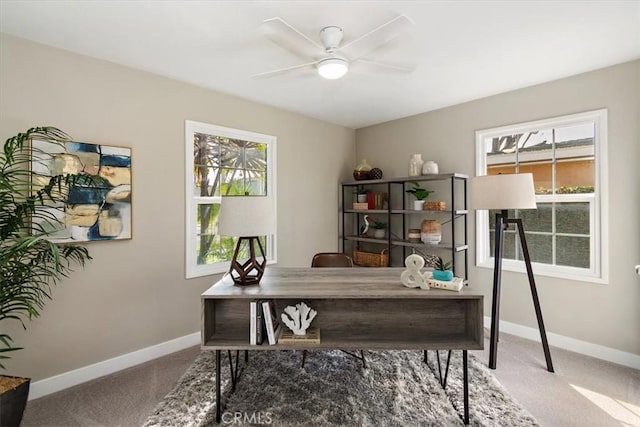 carpeted office space featuring a healthy amount of sunlight, ceiling fan, and baseboards