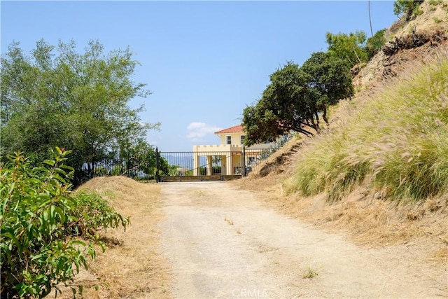 view of road with dirt driveway and a gated entry