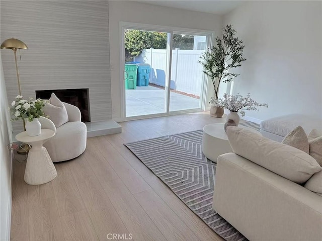 living room with a fireplace and wood-type flooring