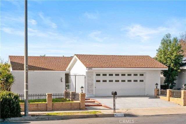 single story home with a fenced front yard, roof with shingles, stucco siding, concrete driveway, and a garage