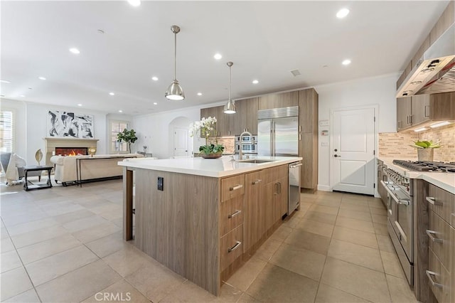 kitchen with arched walkways, a sink, wall chimney exhaust hood, high end appliances, and modern cabinets