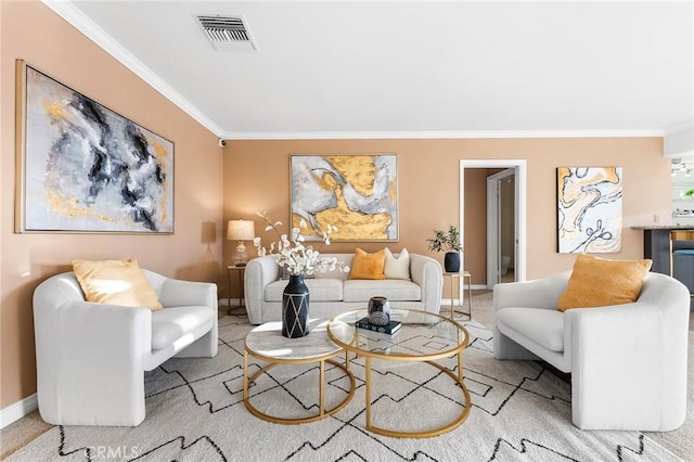 living room with ornamental molding