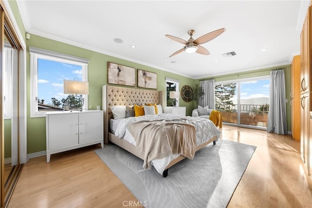 bedroom featuring ceiling fan, light hardwood / wood-style floors, access to outside, and crown molding