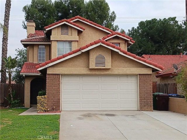 view of front of house featuring concrete driveway, brick siding, a chimney, and stucco siding