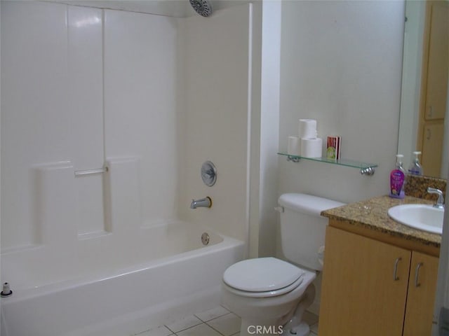 full bathroom featuring shower / bath combination, tile patterned floors, vanity, and toilet
