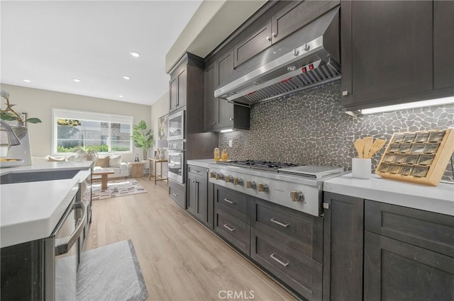 kitchen featuring light wood finished floors, decorative backsplash, appliances with stainless steel finishes, light countertops, and under cabinet range hood